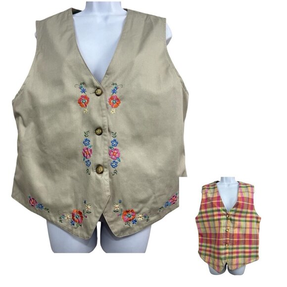 Unbranded Jackets & Blazers - Vtg Women‎ Vest Embroidered XL Floral Khaki Plaid Reversible Cottagecore Granny